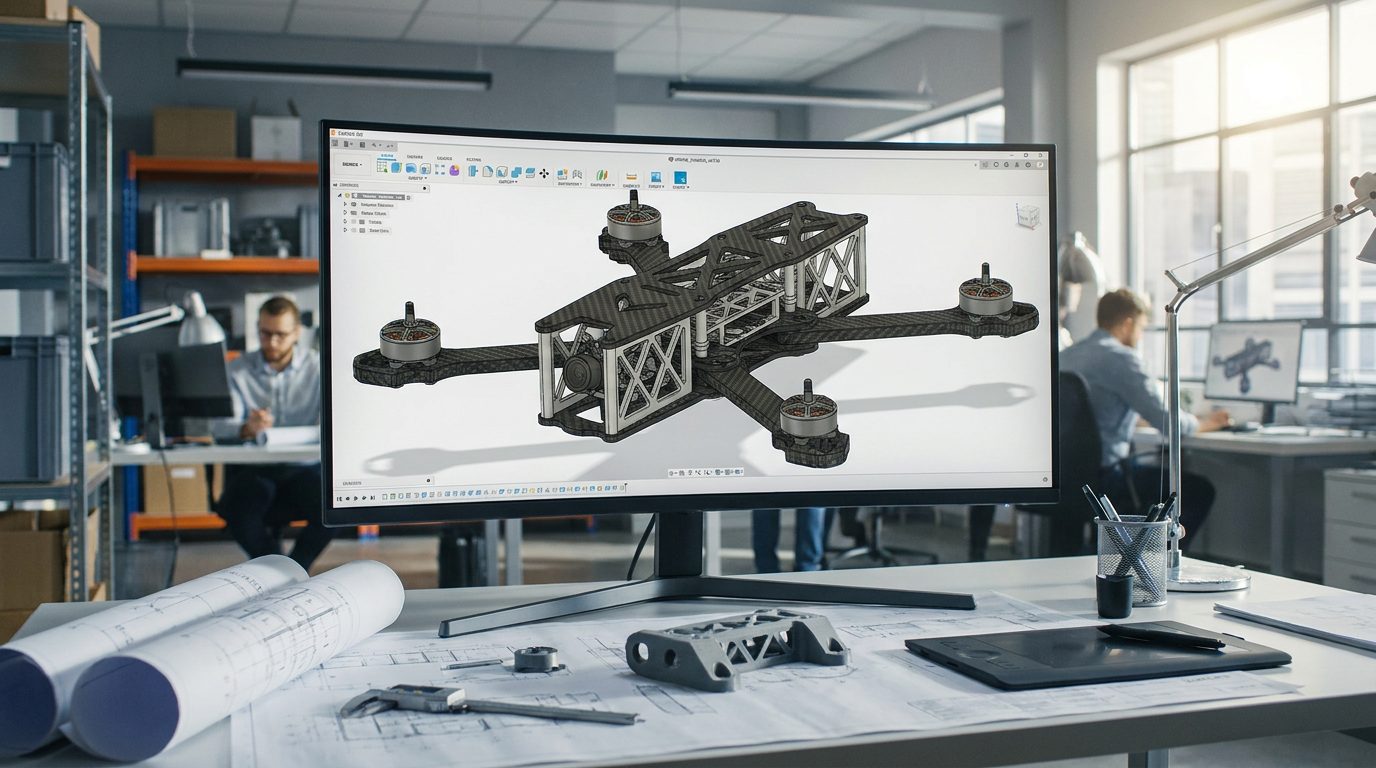 CAD Design Drohne 3D Druck Computermonitor zeigt ein komplexes 3D-CAD-Modell eines Drohnen-Chassis in einem hellen Ingenieurbüro