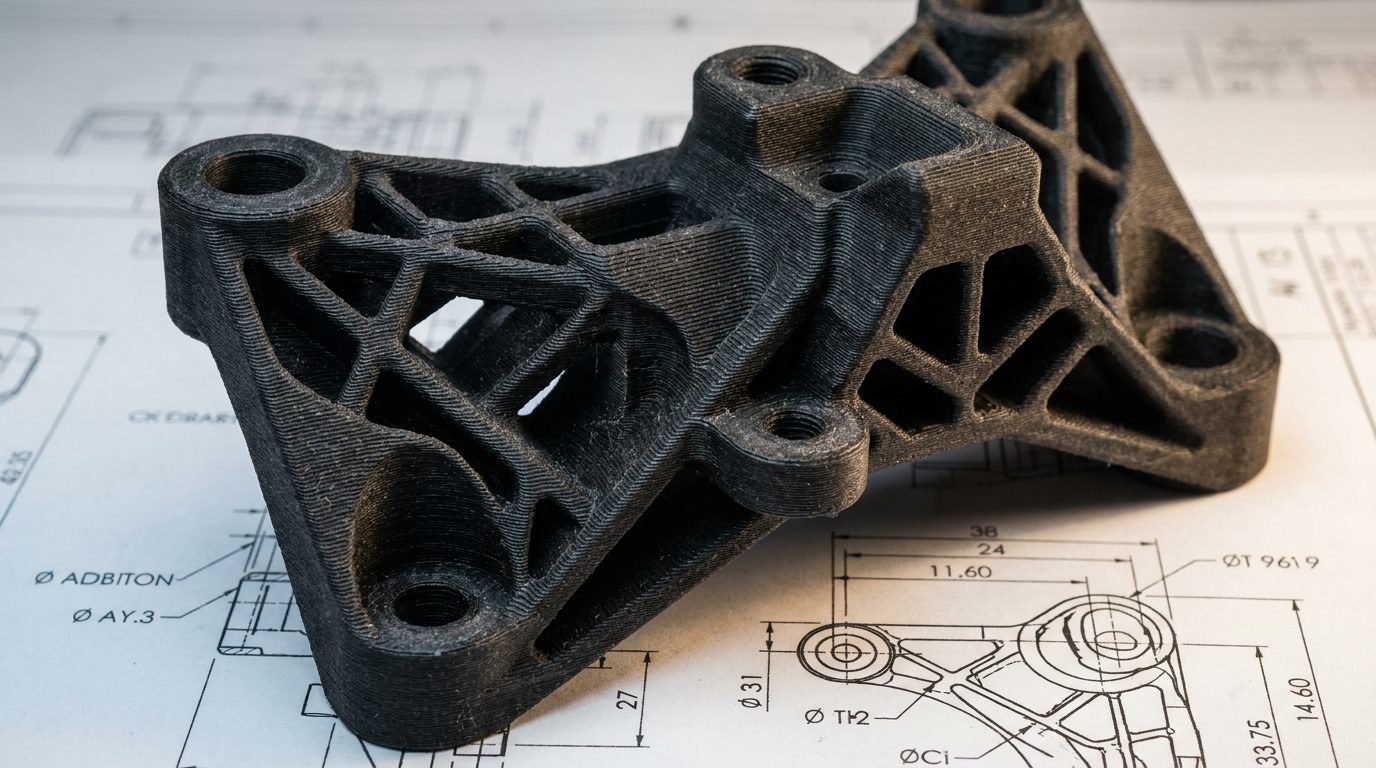 Carbon Fiber PA-CF Halterung Nahaufnahme einer komplexen 3D-gedruckten Halterung aus Carbon Fiber (PA-CF) auf einem Bauplan