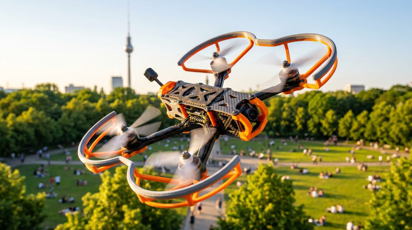 3D gedruckte Drohne Flug Moderne Quadrocopter-Drohne mit 3D-gedruckten Bauteilen fliegt über einem sonnigen Park