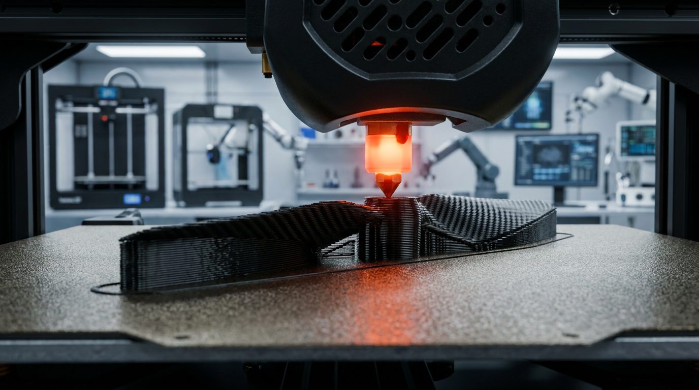 FDM 3D Drucker Drohnenpropeller Industrieller FDM-3D-Drucker druckt einen aerodynamischen schwarzen Drohnenpropeller im Hightech-Labor