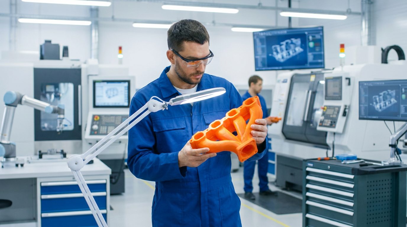 Ingenieur 3D-Druck Prototyp Ingenieur in einer Werkstatt prüft einen leuchtend orangefarbenen 3D-Druck Prototypen