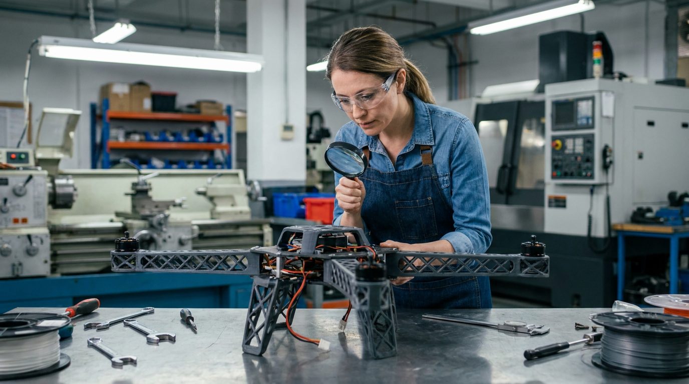 Ingenieurin prüft 3D-Druck Drohne Eine Ingenieurin prüft sorgfältig eine teilweise montierte Drohne mit 3D-gedruckten Komponenten in einer Werkstatt