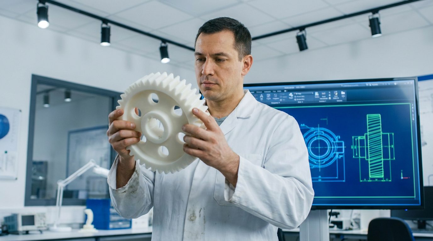 Maschinenbauingenieur prüft ein großes 3D-gedrucktes Zahnrad aus Hochleistungskunststoff