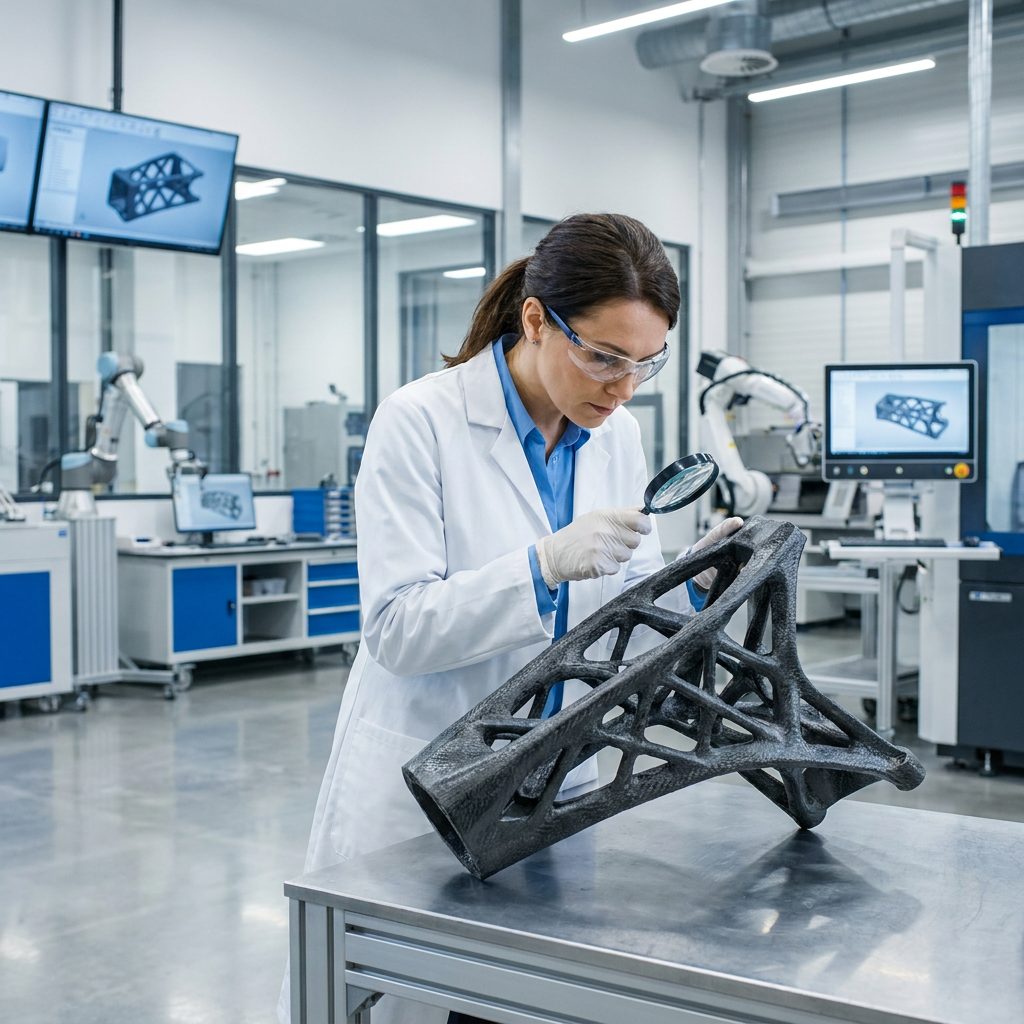 Ingenieur inspiziert industrielles 3D Druck Carbon Bauteil