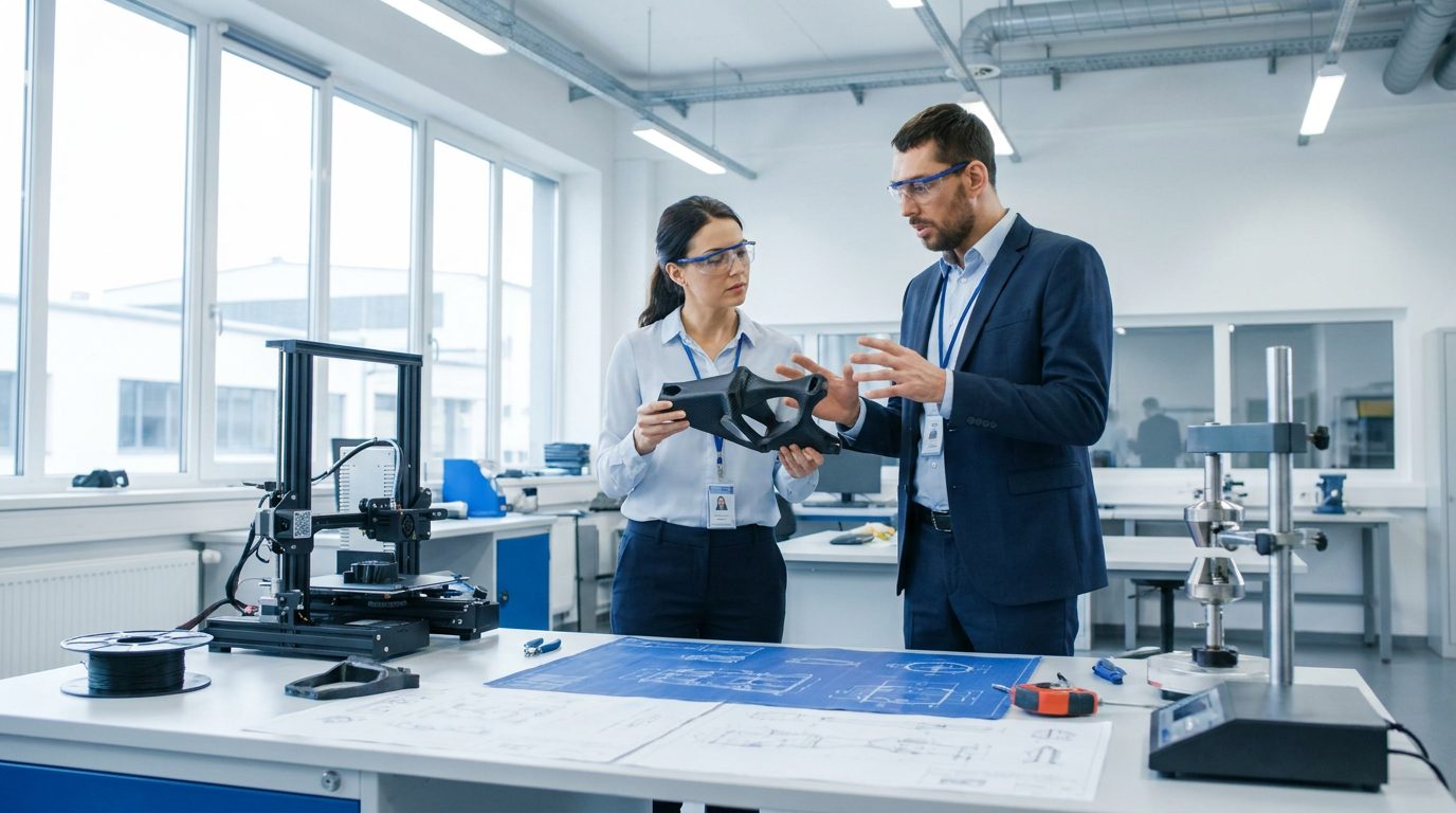 Ingenieure in Berlin begutachten ein PA12-CF 3D-Druck Bauteil