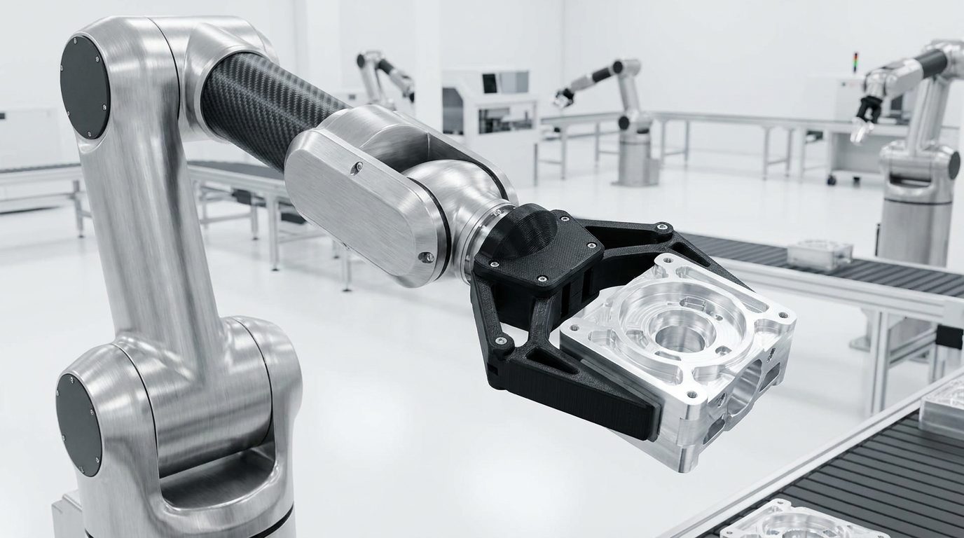 Moderner industrieller Roboterarm mit 3D-gedrucktem Greifer aus Polymer in einer Fabrik