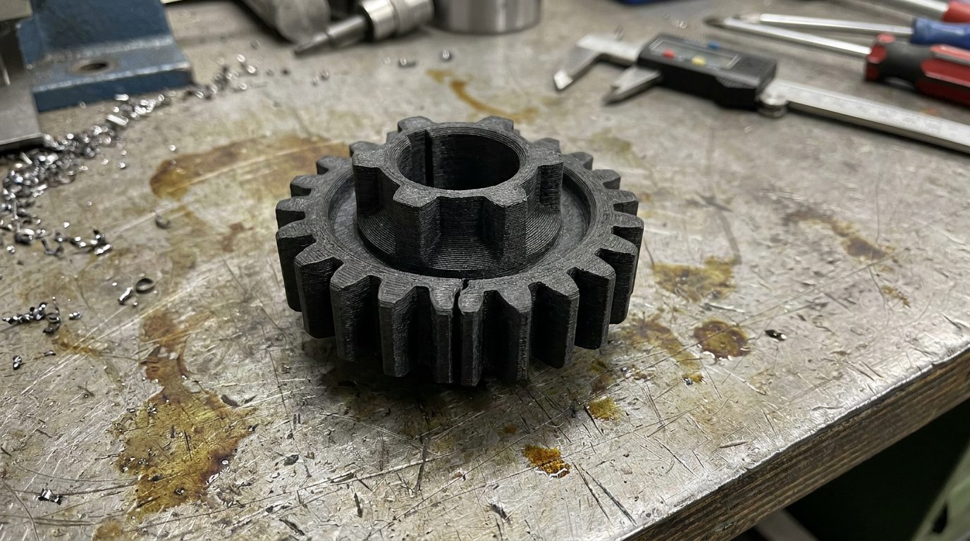 PA12-CF Carbonfaser 3D-Druck Bauteil auf einer Werkbank