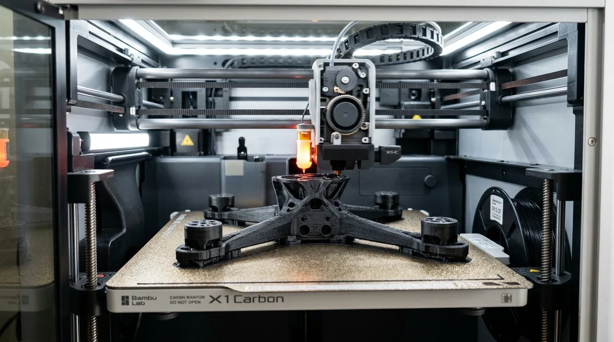 Bambu Lab X1-Carbon 3D-Drucker druckt Drohnenteile aus Carbon-Filament