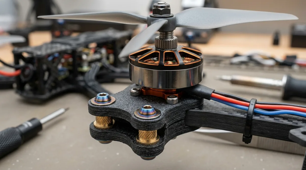 Bürstenloser Drohnenmotor montiert auf 3D-gedrucktem PA12-CF Motorträger mit Messing-Gewindeeinsätzen
