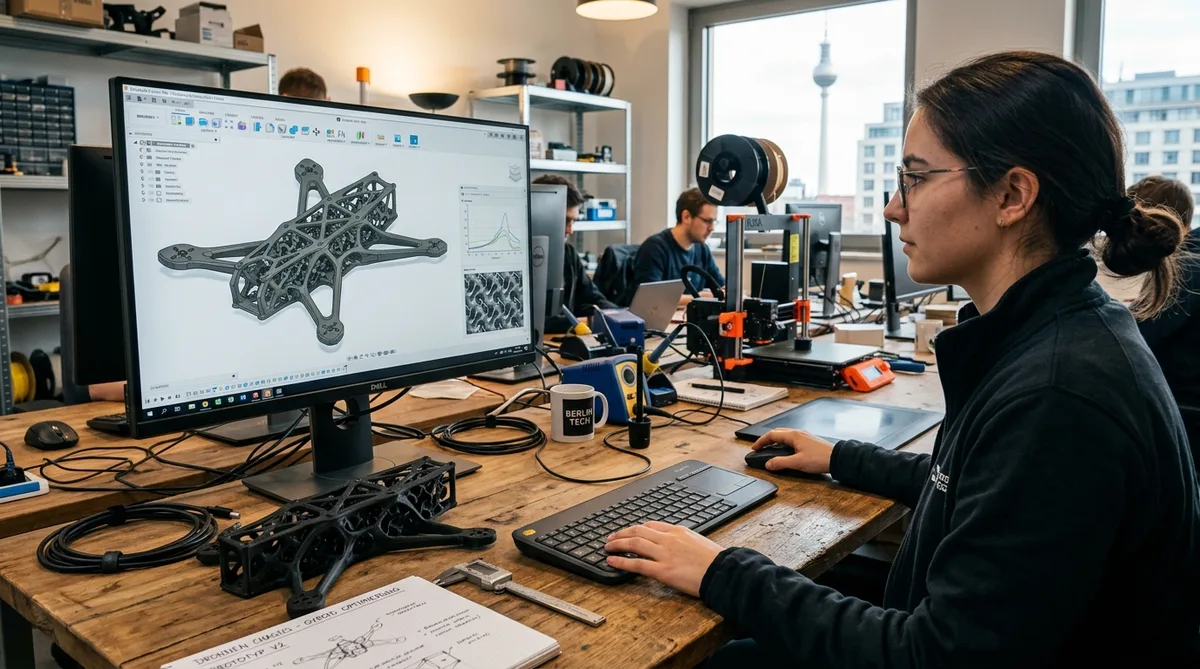 CAD Arbeitsplatz mit Topologie-Optimierung eines Drohnenchassis in Berlin